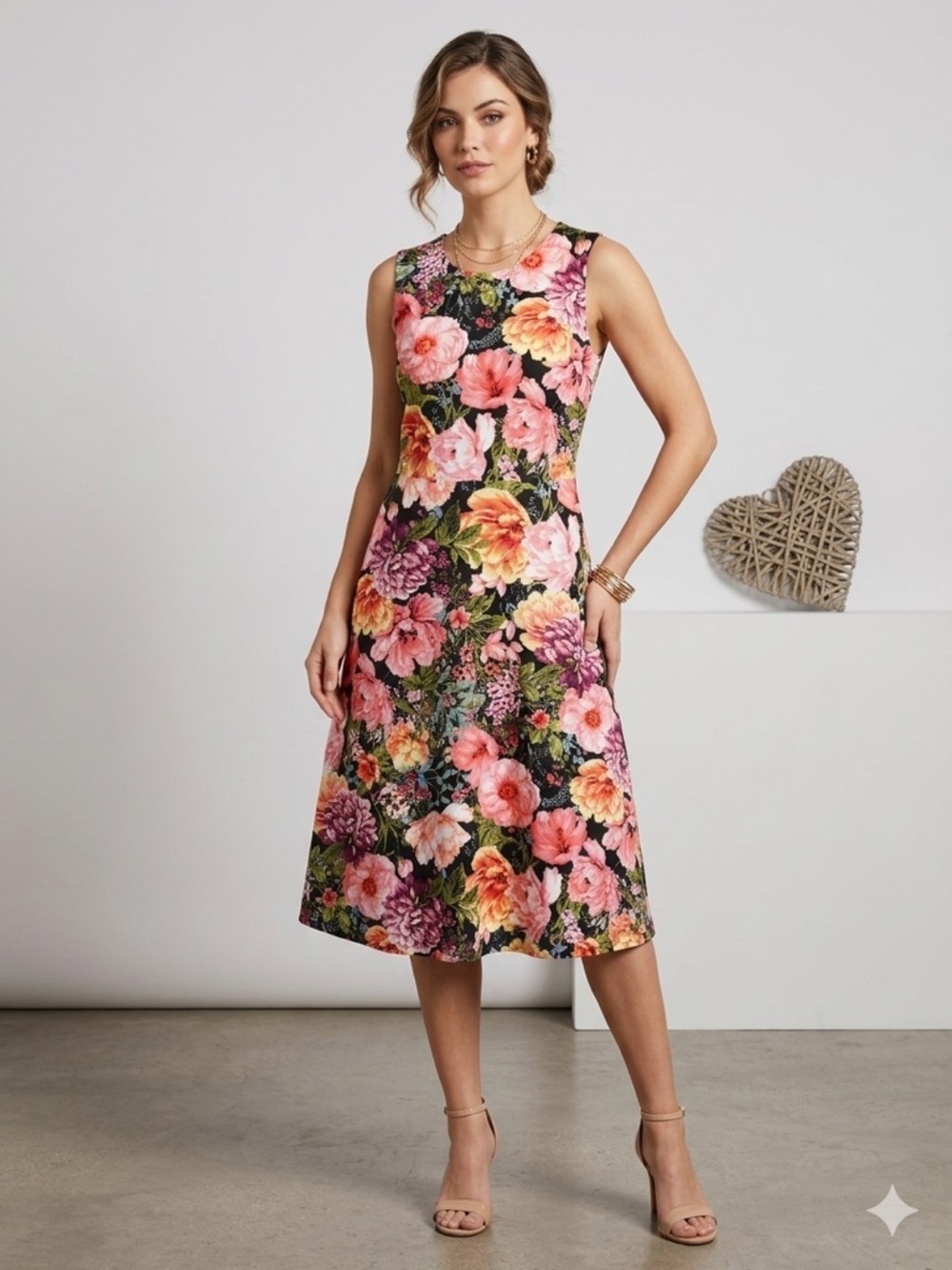 Donna Ricco Black Floral Fit & Flare Midi Dress Sleeveless A-Line Cocktail Sz 12